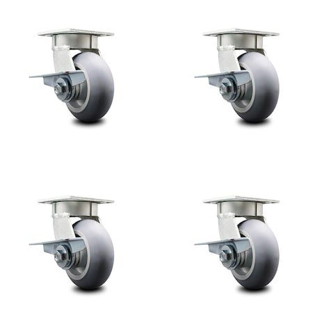 Service Caster 5 Inch Kingpinless Thermoplastic Rubber Wheel Swivel Caster Set with Brakes SCC SCC-KP30S520-TPRRD-SLB-4